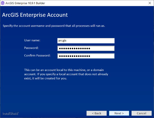 Specify the account user name and password that all processes will run as.